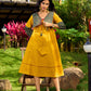Handcrafted Mustard Cotton Flared Dress with Contrasting Ajrakh Collar