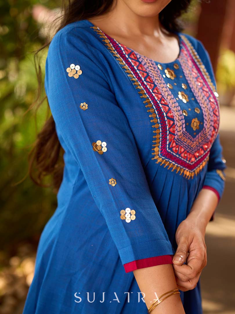 Luxe Blue Cotton Kurta with Traditional Mirror Work and Embroidered Detailing