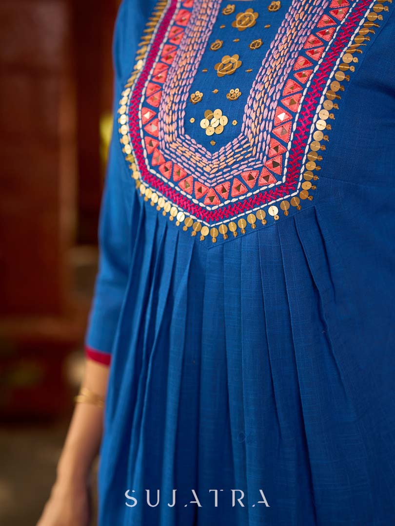 Luxe Blue Cotton Kurta with Traditional Mirror Work and Embroidered Detailing