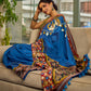 Handcrafted Blue Cotton Saree with Gond Painting & Multicolor Ikat & Kalamkari Border