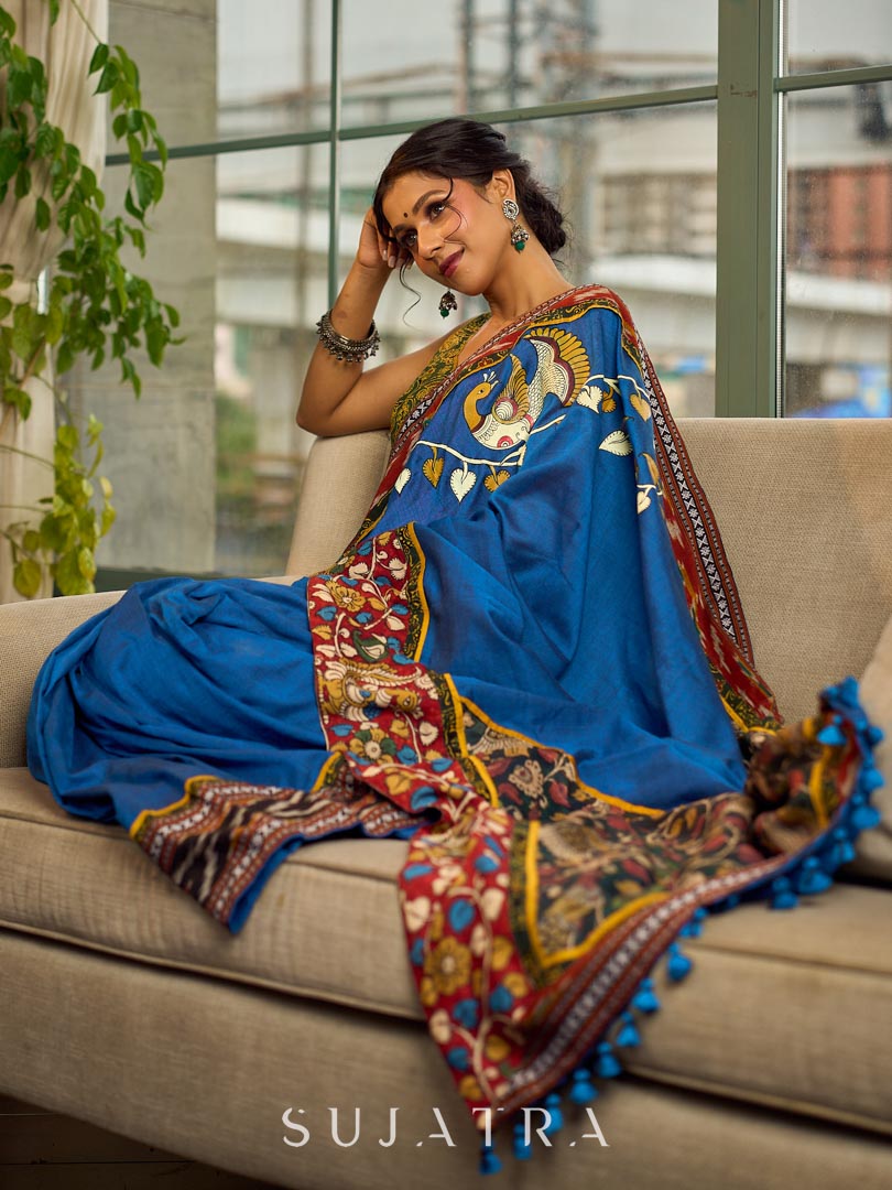 Handcrafted Blue Cotton Saree with Gond Painting & Multicolor Ikat & Kalamkari Border