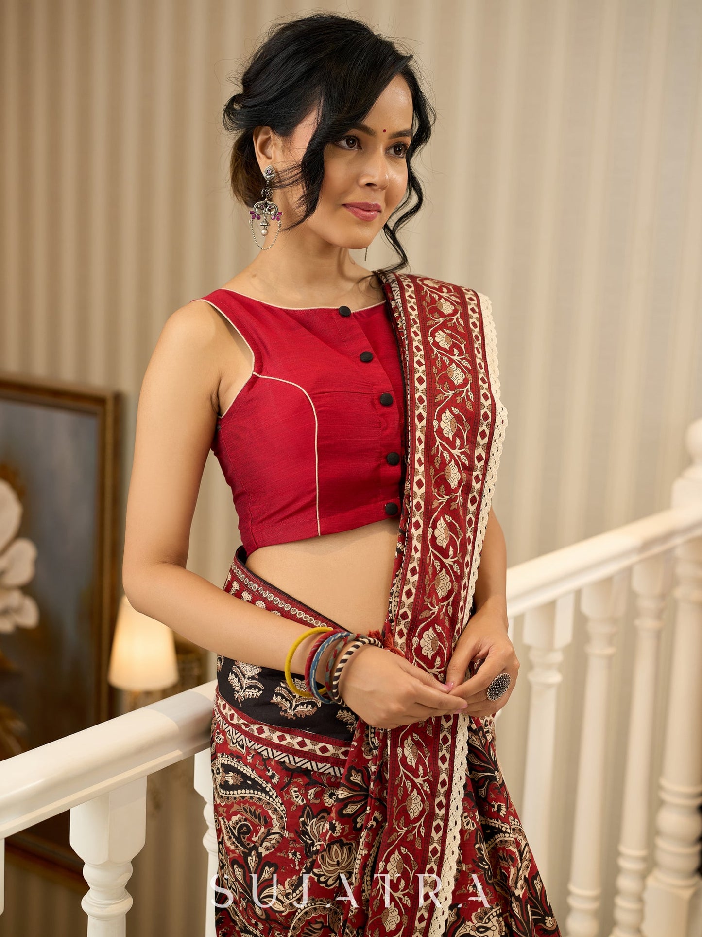 Maroon magic in bold paisley hand block prints on cotton saree