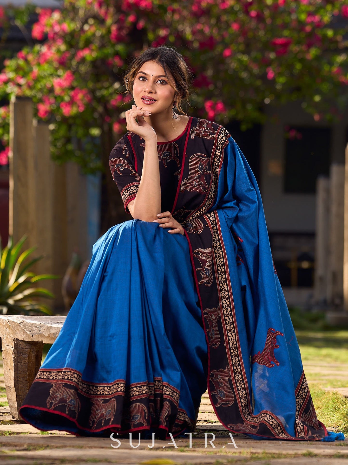 Classic Blue Saree with Pichwai Print Border and Applique Work in Pallu