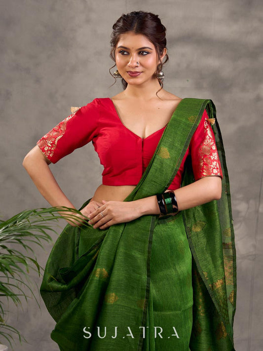 Red Cotton Silk Blouse with Floral Benarasi Brocade Panel on Sleeves and V Neckline
