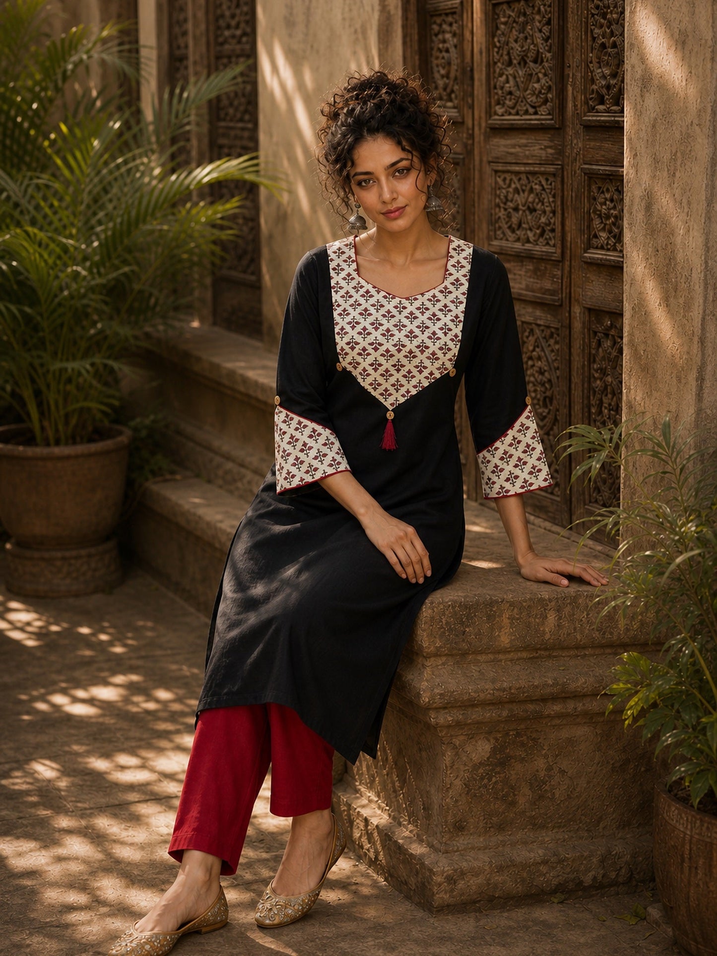 Black Cotton Kurta with Ajrakh Printed Yoke & Matching Cuffs with Minimal Embellishment