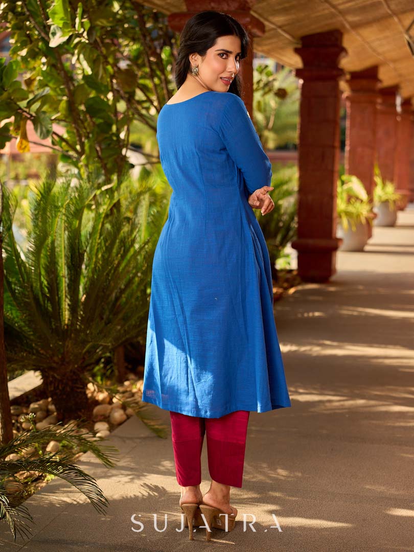Luxe Blue Cotton Kurta with Traditional Mirror Work and Embroidered Detailing