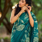 Elegant Rama Green Cotton Saree with Delicate Floral Hand Block Print