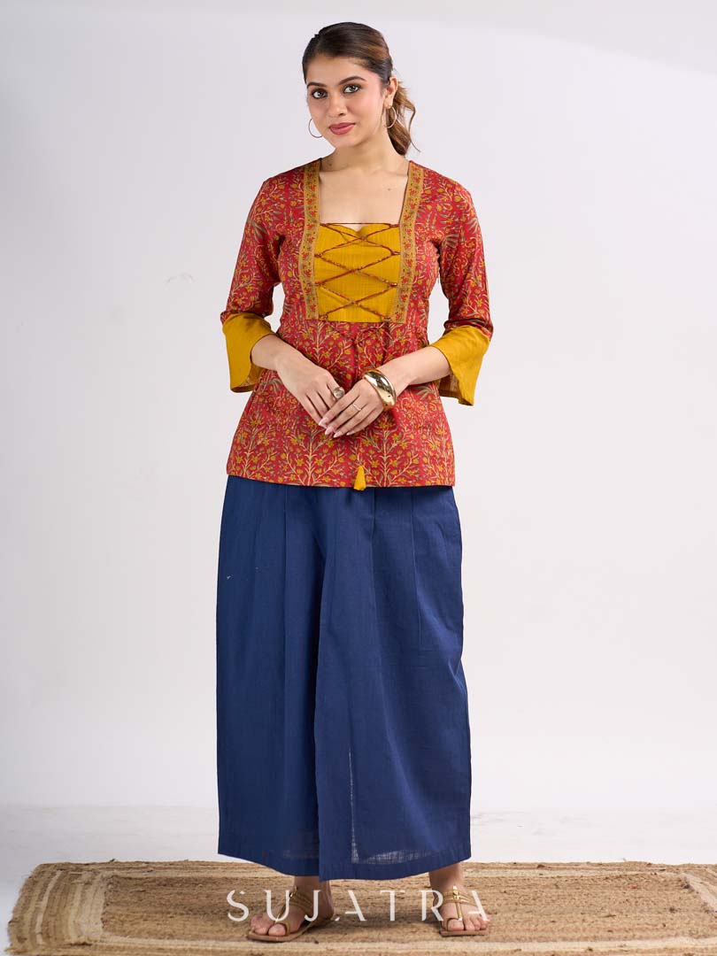 Red Floral Printed Top with Mustard Yoke and Statement Tie Up Design