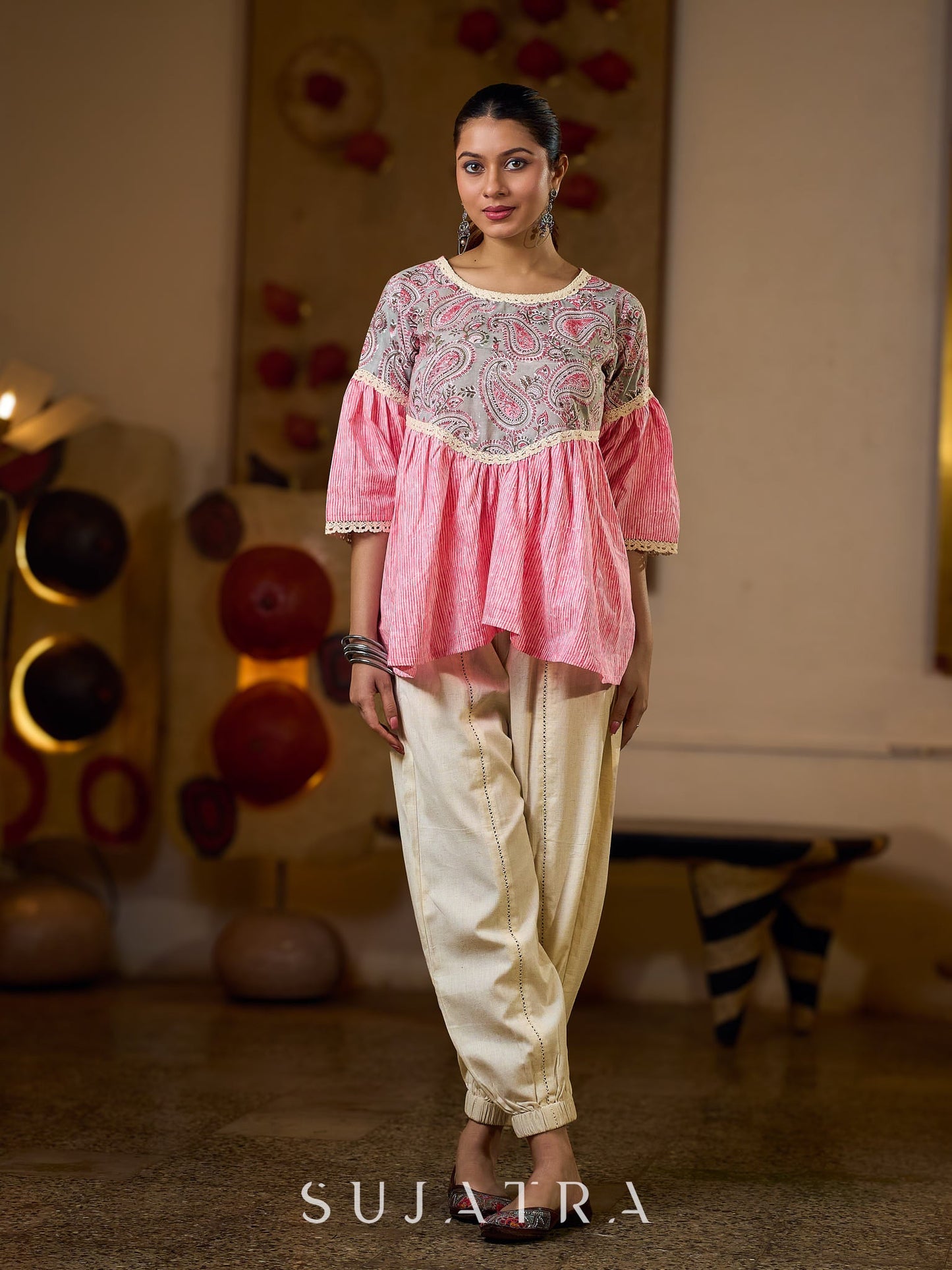 Graceful Pink Gathered Top Featuring A Paisley Printed Yoke And Coordinated Sleeves