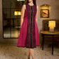 Bold Magenta Hand Block Printed Midi Dress with Black Tribal Panel Border