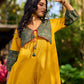 Handcrafted Mustard Cotton Flared Dress with Contrasting Ajrakh Collar