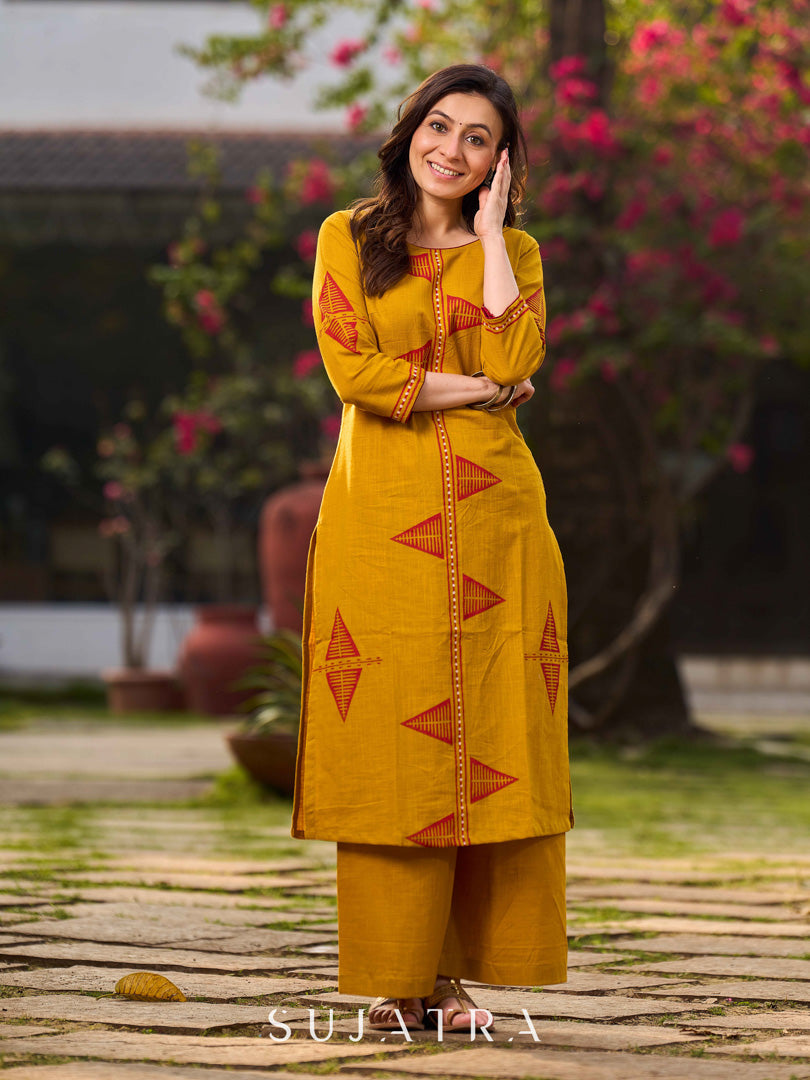 Mustard Cotton Kurta With Hand Block Printed Geometric Motifs & Border Detailing