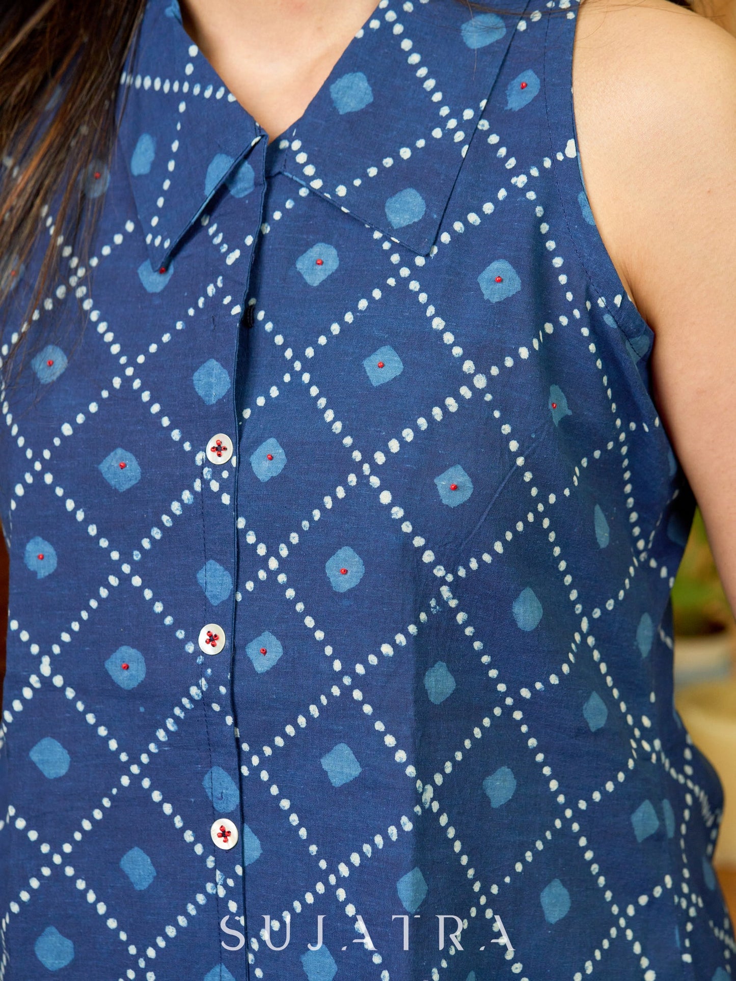 Handcrafted Indigo Top with Reversible Collar and Beaded Contrast Embellishment