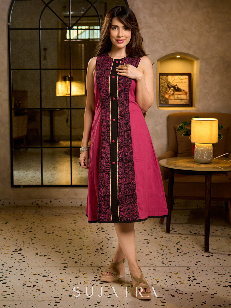 Bold Magenta Hand Block Printed Midi Dress with Black Tribal Panel Border