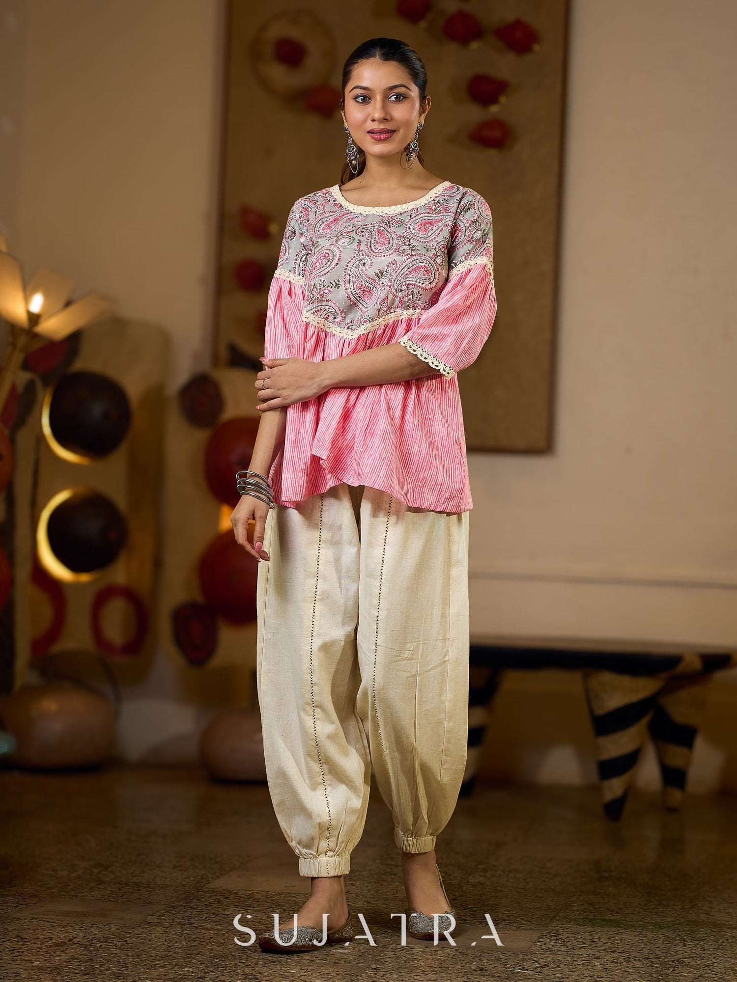 Graceful Pink Gathered Top Featuring A Paisley Printed Yoke And Coordinated Sleeves