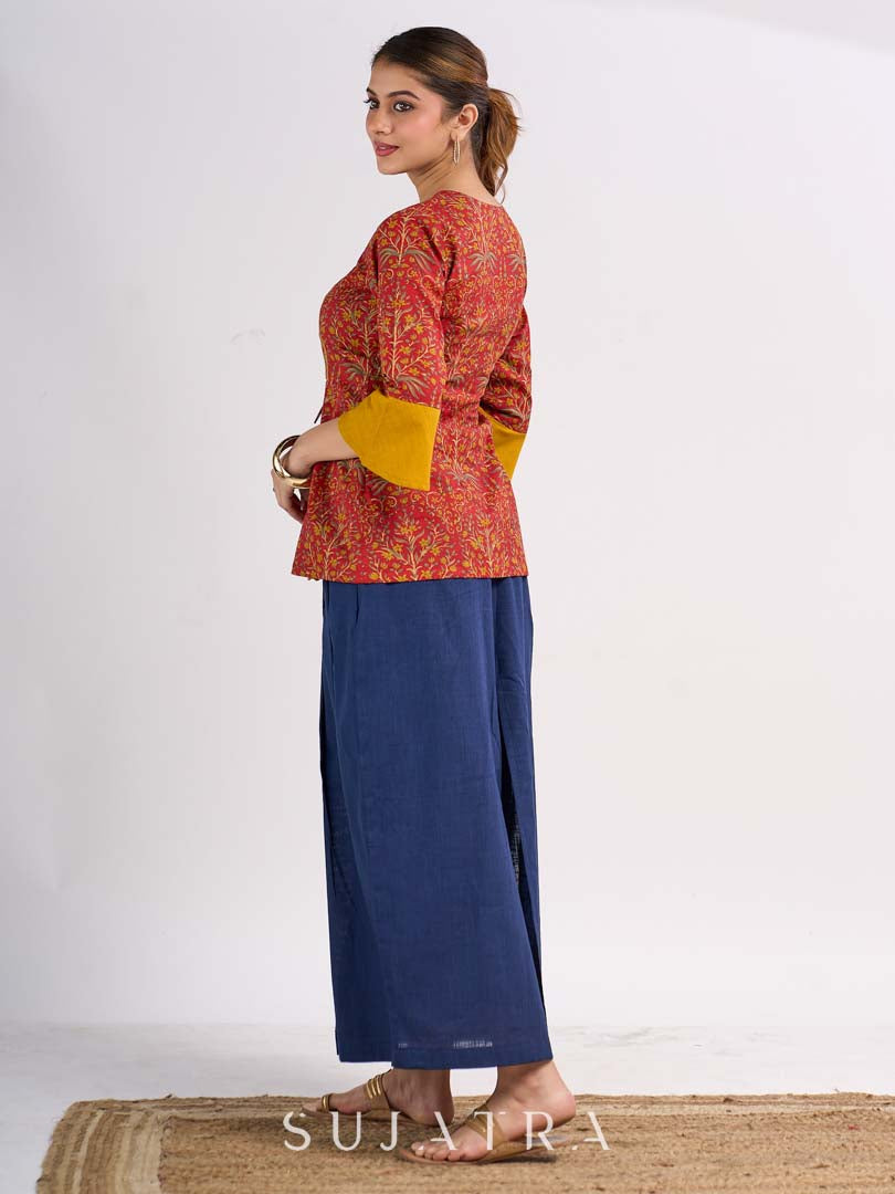 Red Floral Printed Top with Mustard Yoke and Statement Tie Up Design