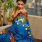 Handcrafted Blue Cotton Saree with Gond Painting & Multicolor Ikat & Kalamkari Border