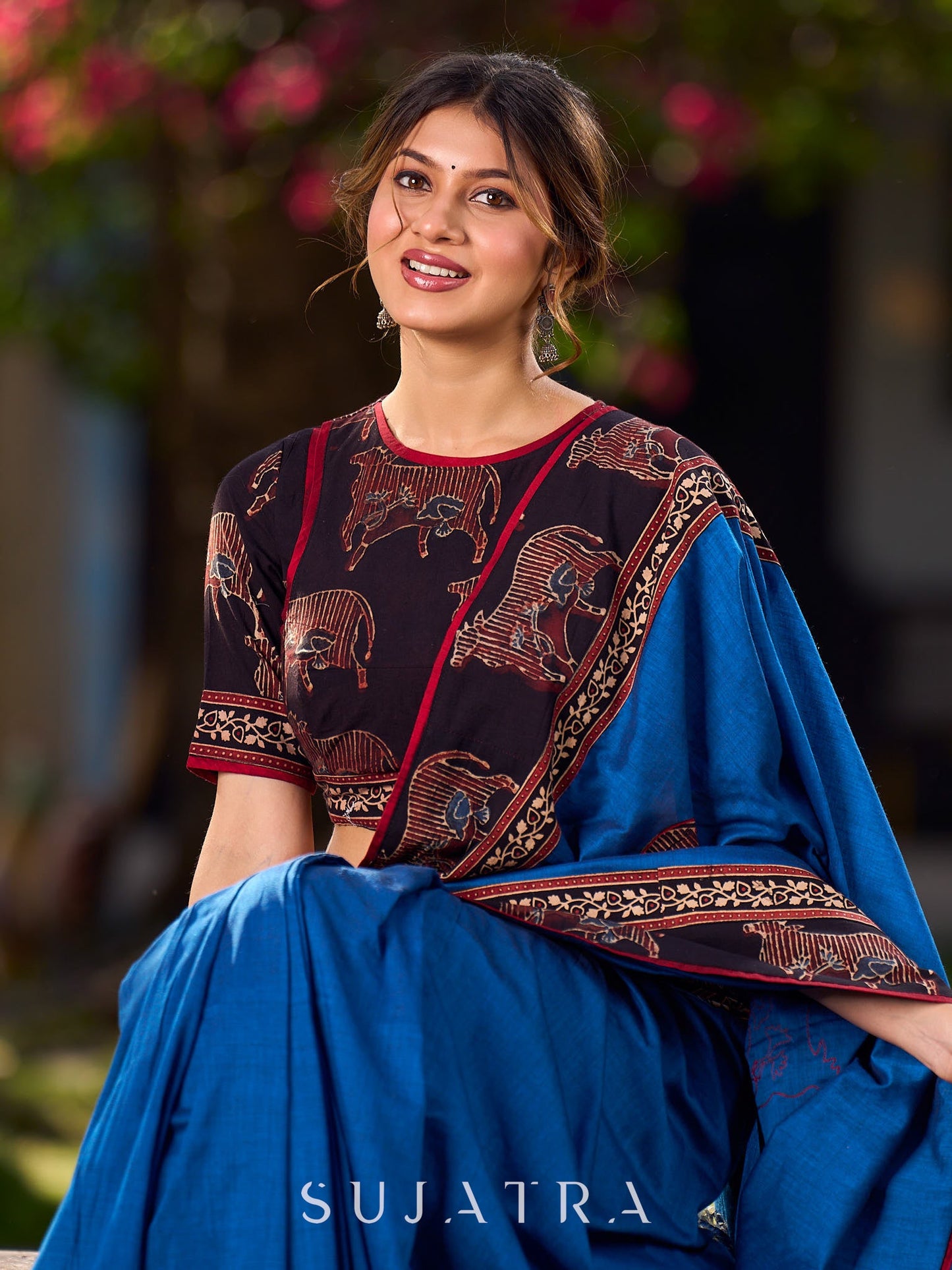 Classic Blue Saree with Pichwai Print Border and Applique Work in Pallu