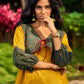 Handcrafted Mustard Cotton Flared Dress with Contrasting Ajrakh Collar
