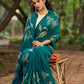 Elegant Rama Green Cotton Saree with Delicate Floral Hand Block Print