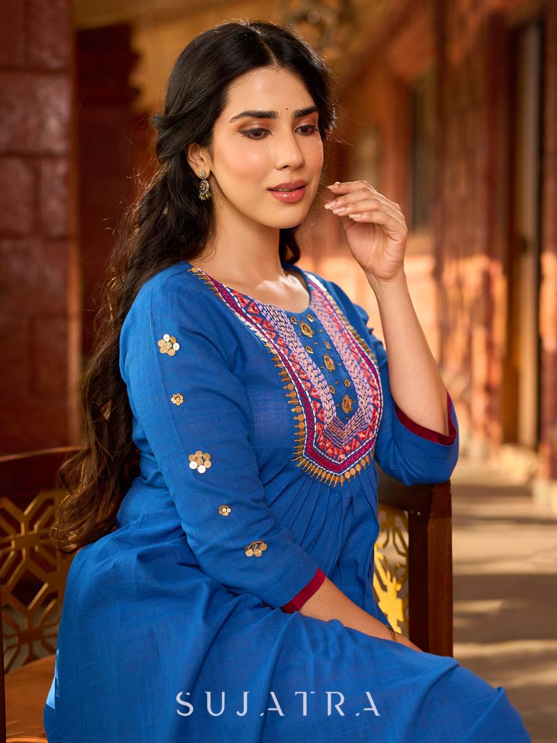 Luxe Blue Cotton Kurta with Traditional Mirror Work and Embroidered Detailing