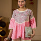 Graceful Pink Gathered Top Featuring A Paisley Printed Yoke And Coordinated Sleeves
