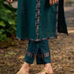 bottle green solid kurta with a refined ajrakh edging.