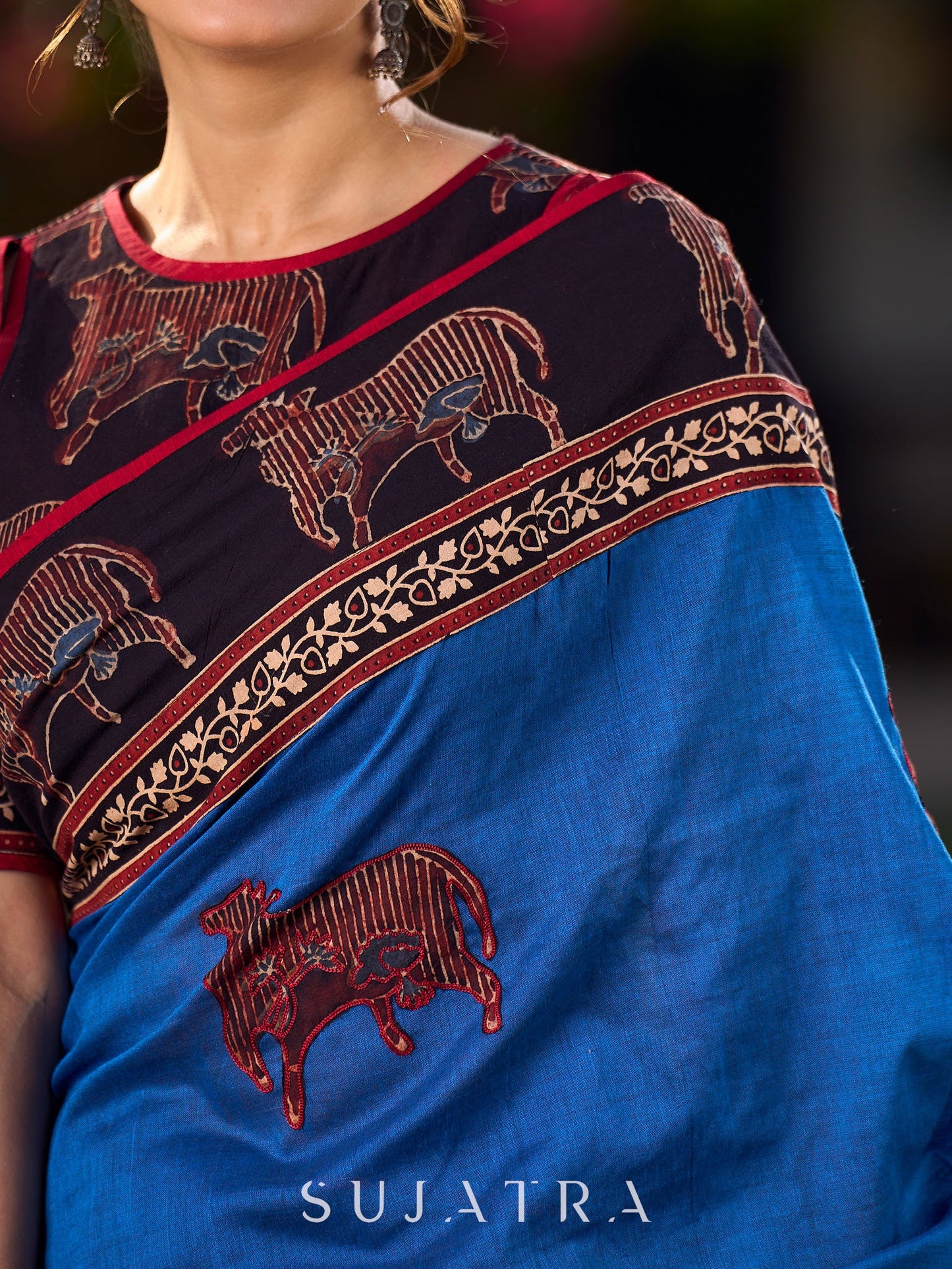 Classic Blue Saree with Pichwai Print Border and Applique Work in Pallu