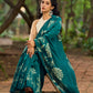 Elegant Rama Green Cotton Saree with Delicate Floral Hand Block Print