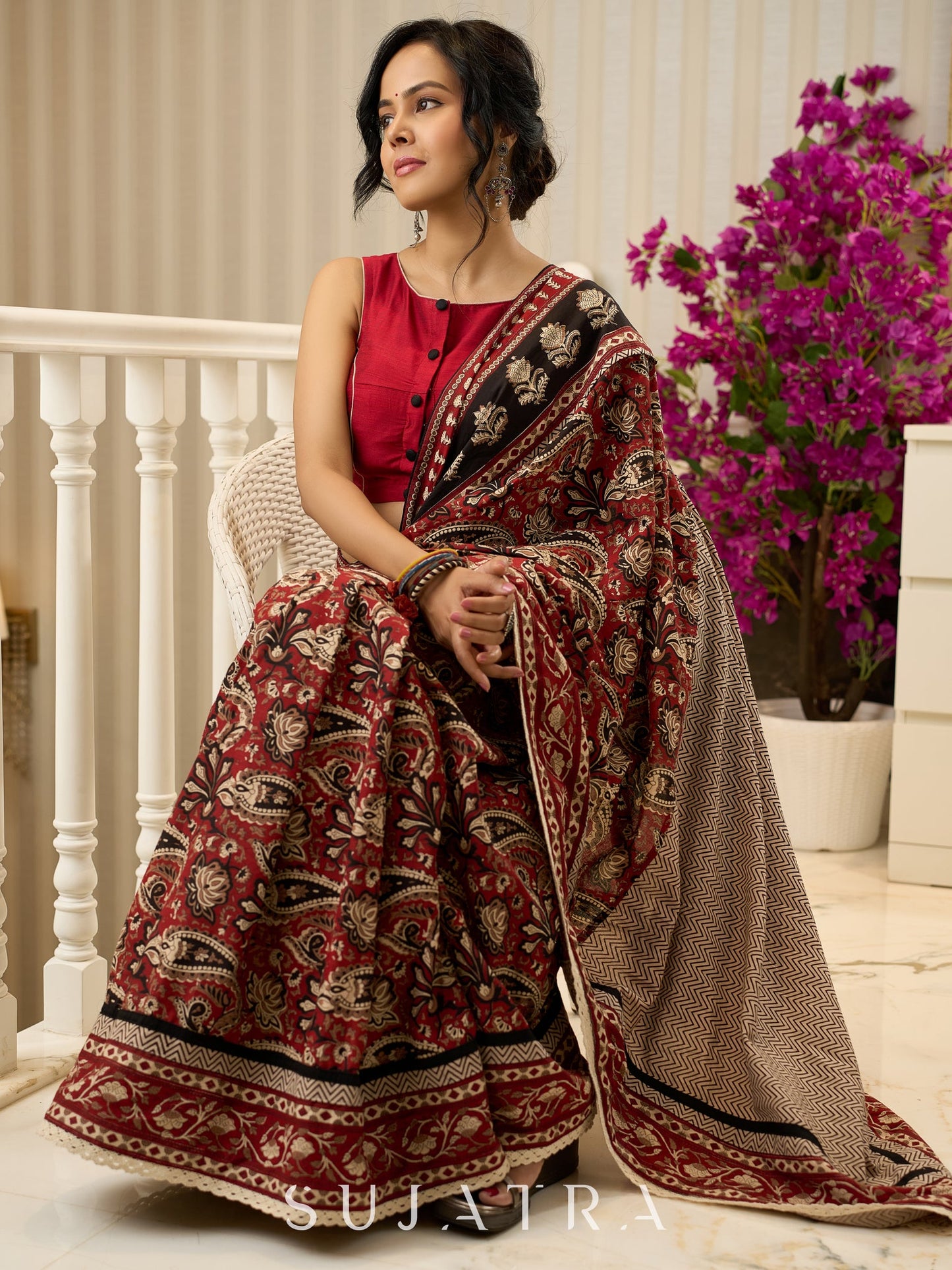 Maroon magic in bold paisley hand block prints on cotton saree