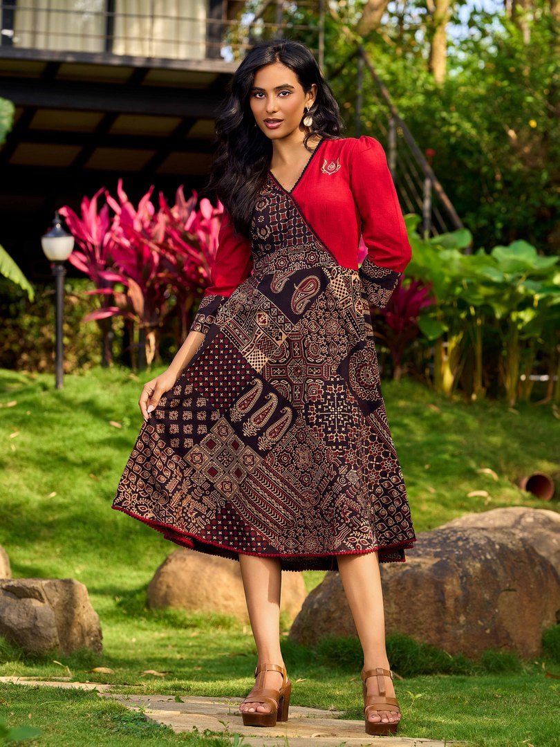 Indie Charm Maroon & Black Ajrakh Patchwork Print Dress