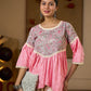 Graceful Pink Gathered Top Featuring A Paisley Printed Yoke And Coordinated Sleeves