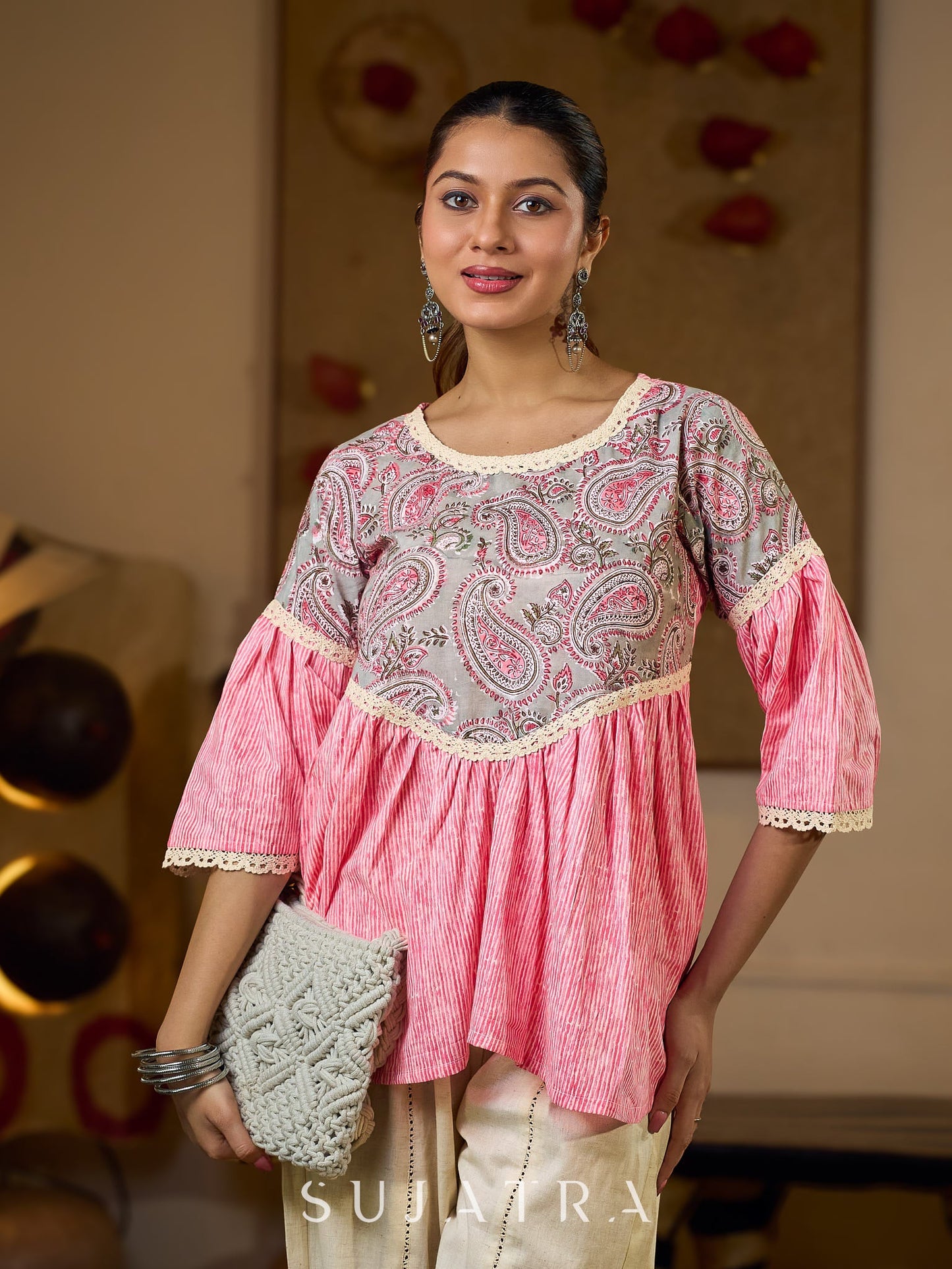 Graceful Pink Gathered Top Featuring A Paisley Printed Yoke And Coordinated Sleeves