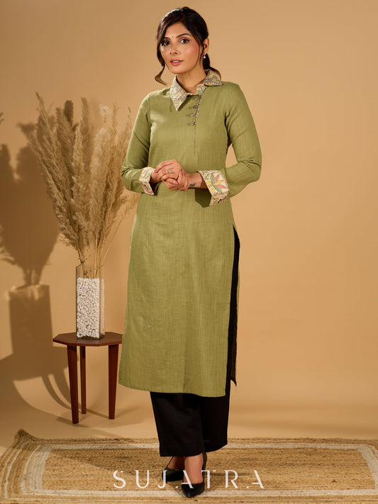 Meadow Mint Slub Kurta with Artistic Cuffs and Twisted Collar