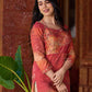 Amber crimson blossom printed kurta with golden pearl handwork on the yoke and dainty tie-up neck details.