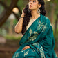 Elegant Rama Green Cotton Saree with Delicate Floral Hand Block Print