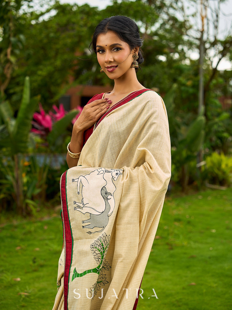 Statement Cream Cotton Saree with Pichwai Cow Painting & Contrast Trim