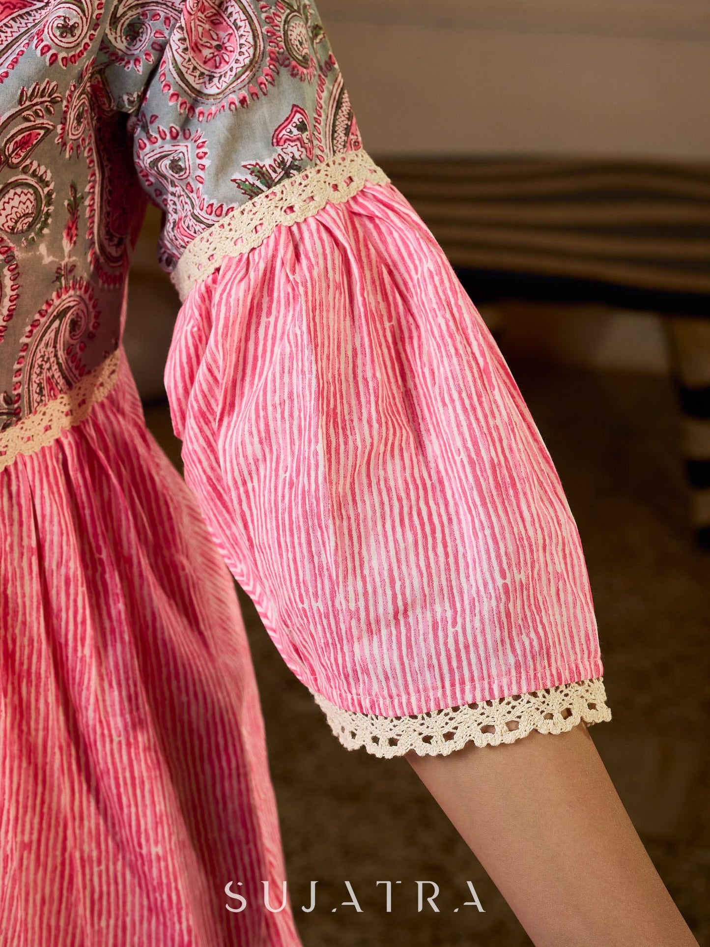 Graceful Pink Gathered Top Featuring A Paisley Printed Yoke And Coordinated Sleeves