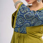 Olive Cotton Designer Top with Ajrakh Yoke and Statement Neckpiece-Tie Up Drawstring