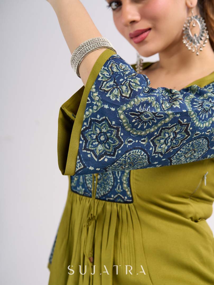 Olive Cotton Designer Top with Ajrakh Yoke and Statement Neckpiece-Tie Up Drawstring