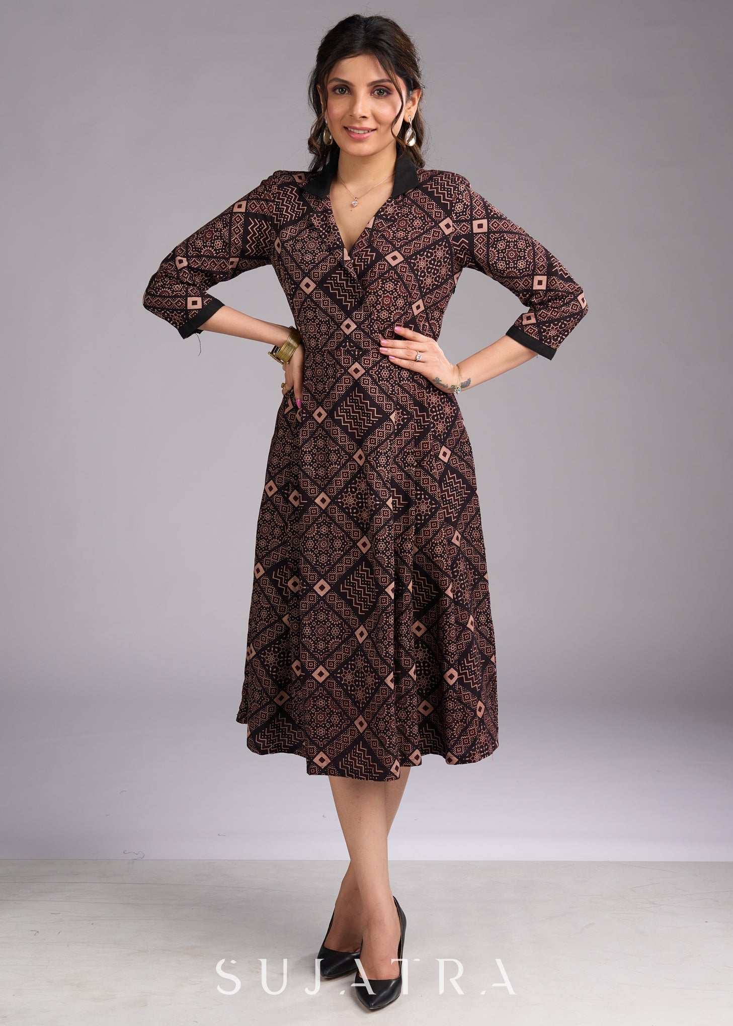 ajrakh cotton dress Indigo Cotton Dress, Hand-printed Ajrakh Fabric, Kutchi Embroidery