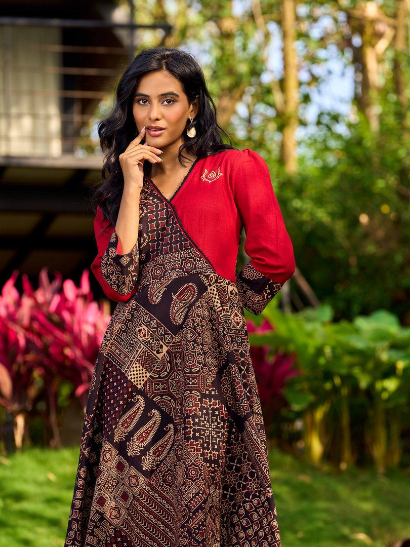 Indie Charm Maroon & Black Ajrakh Patchwork Print Dress