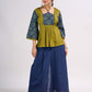 Olive Cotton Designer Top with Ajrakh Yoke and Statement Neckpiece-Tie Up Drawstring