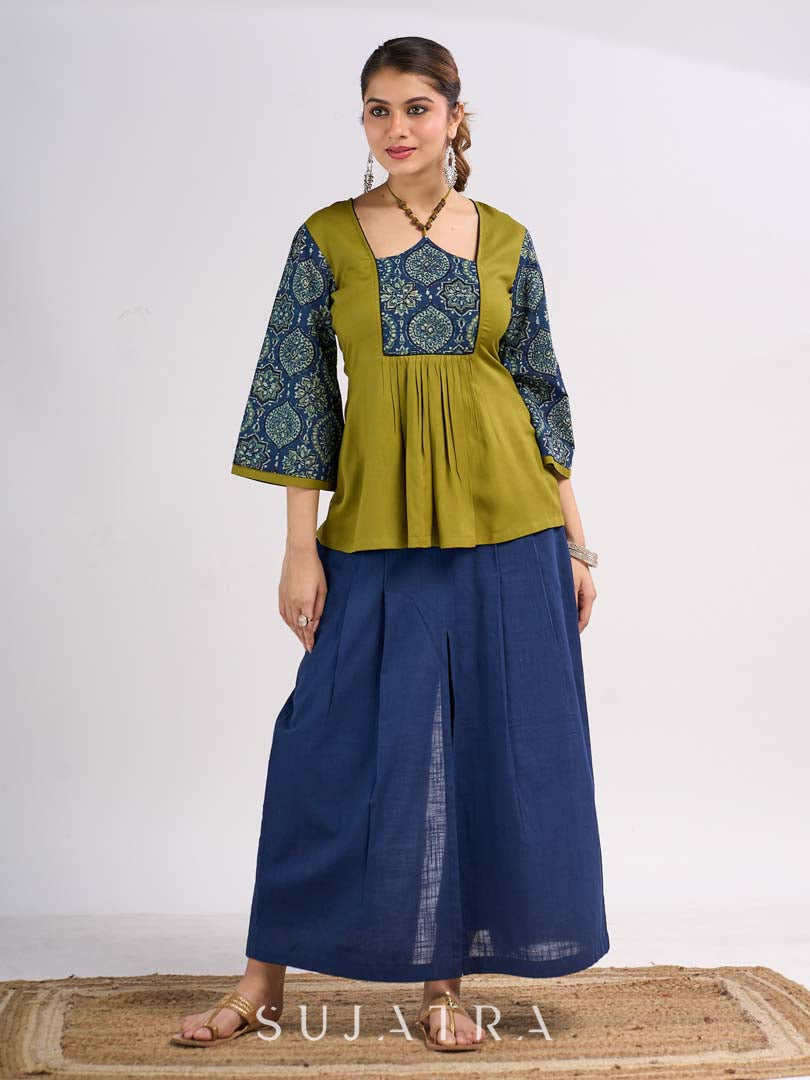 Olive Cotton Designer Top with Ajrakh Yoke and Statement Neckpiece-Tie Up Drawstring