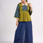 Olive Cotton Designer Top with Ajrakh Yoke and Statement Neckpiece-Tie Up Drawstring