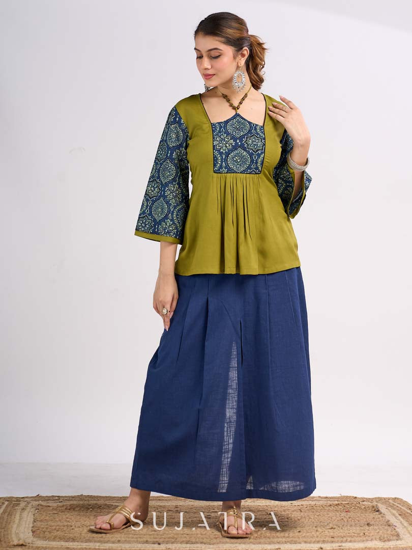 Olive Cotton Designer Top with Ajrakh Yoke and Statement Neckpiece-Tie Up Drawstring