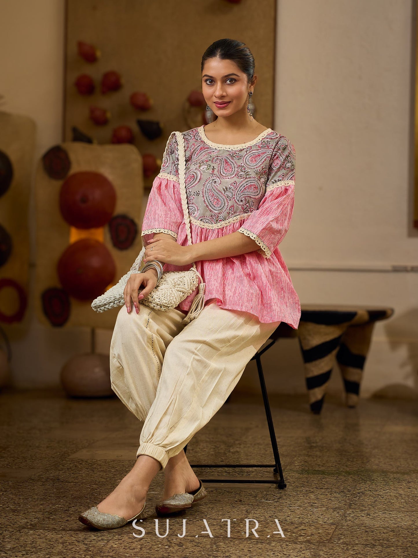 Graceful Pink Gathered Top Featuring A Paisley Printed Yoke And Coordinated Sleeves