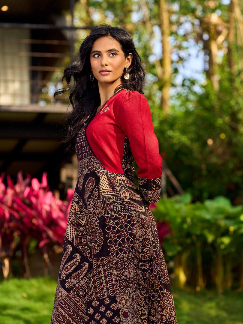Indie Charm Maroon & Black Ajrakh Patchwork Print Dress