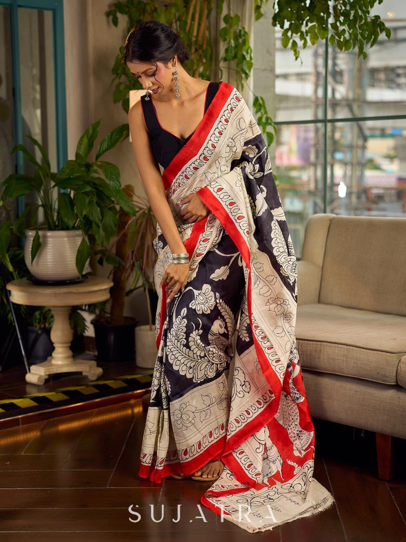 Classic Black & White Kalamkari Pure Silk Saree with Bold Red Contrast Border