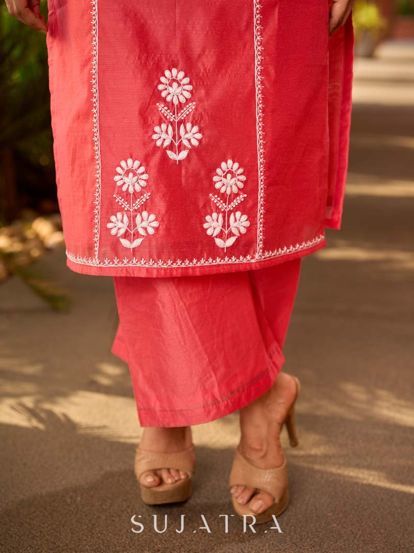 Minimal Coral Chanderi Kurta with Detailed Chikankari Embroidery & Soft Finish
